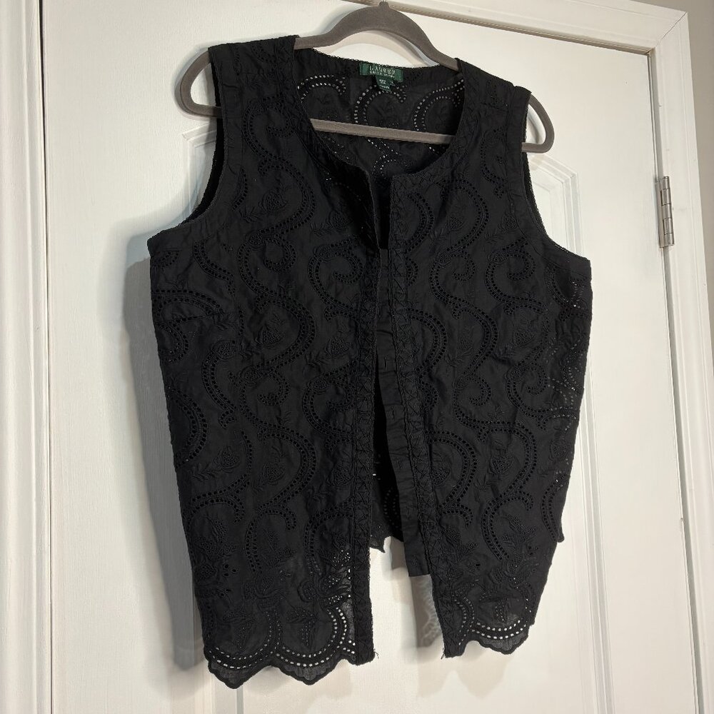 Ralph Lauren Black Lace Sleeveless Button Front Blouse Size 18W